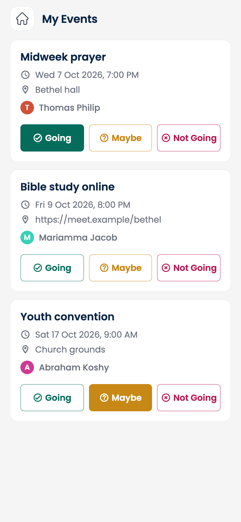 A member’s events in the ChurchDiary app, each with its time and place and Going, Maybe and Not going answers