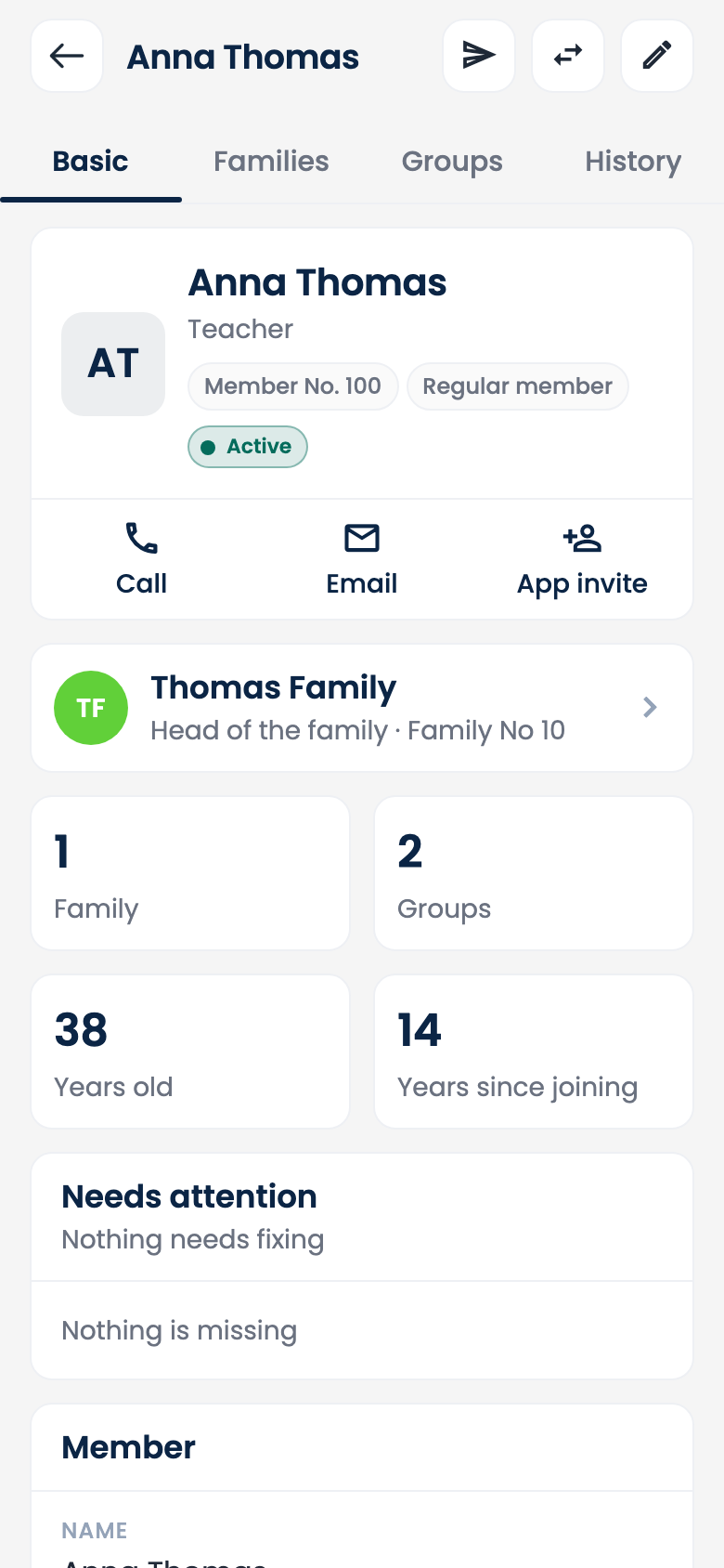 A member’s profile in the ChurchDiary app: their family, groups, age, years since joining, and call, email and app-invite buttons