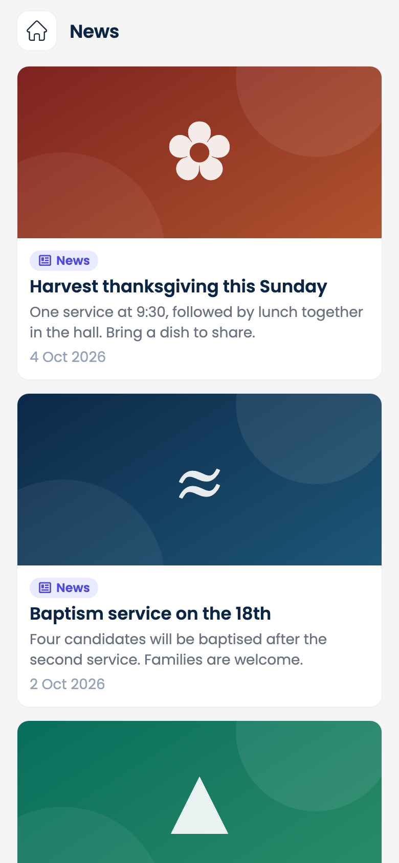 The church’s news in the ChurchDiary app, newest first, each with its picture and summary